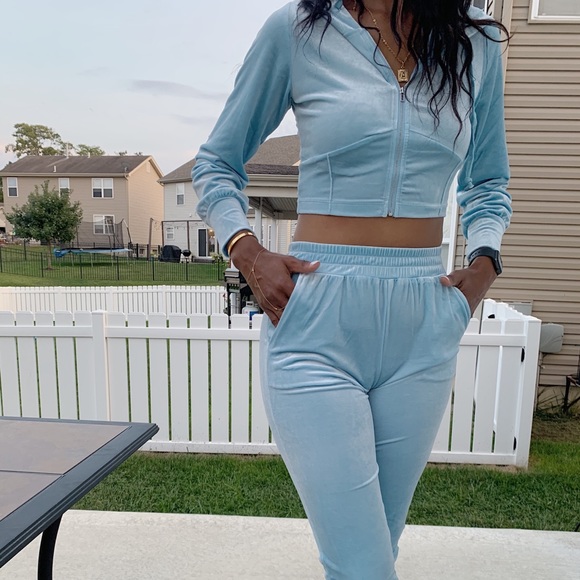 Powder blue velvet hoodie and jogger set - Picture 1 of 2